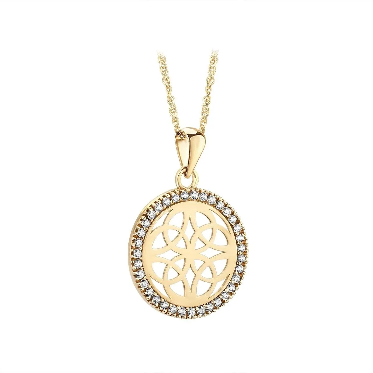 10k Gold Round Celtic Trinity Knot Necklace with Cubic Zirconia Stones...