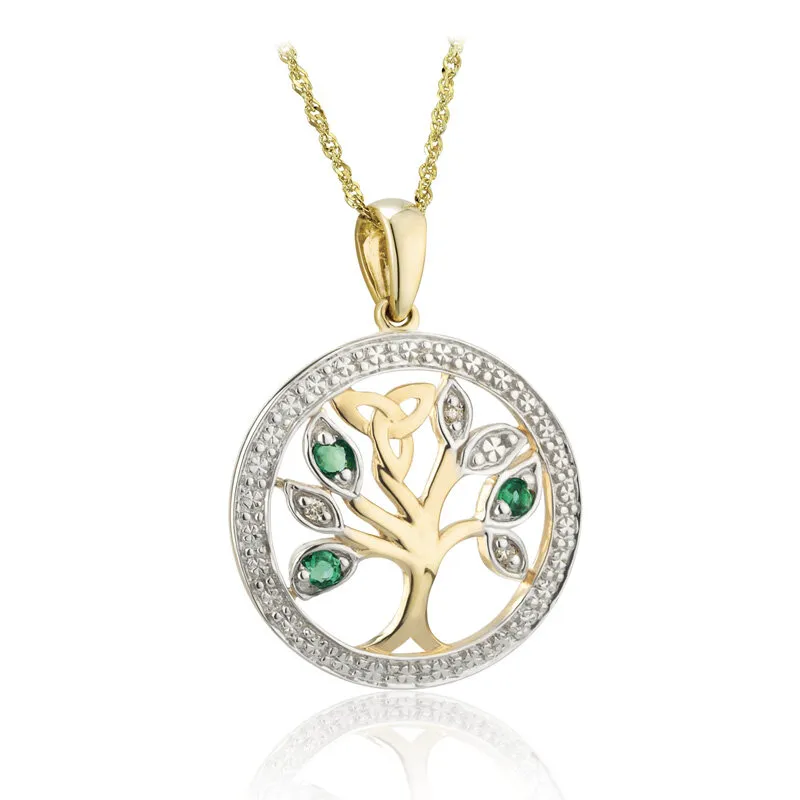 14k Gold Celtic Tree Of Life Pendant With Diamonds And Emeralds...