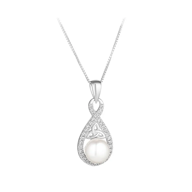 Sterling Silver Crystal And Pearl Twisted Trinity Knot Necklace...