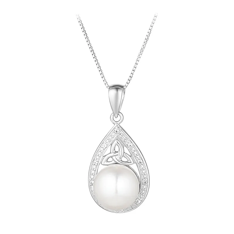 Sterling Silver Crystal And Pearl Trinity Knot Teardrop Necklace...