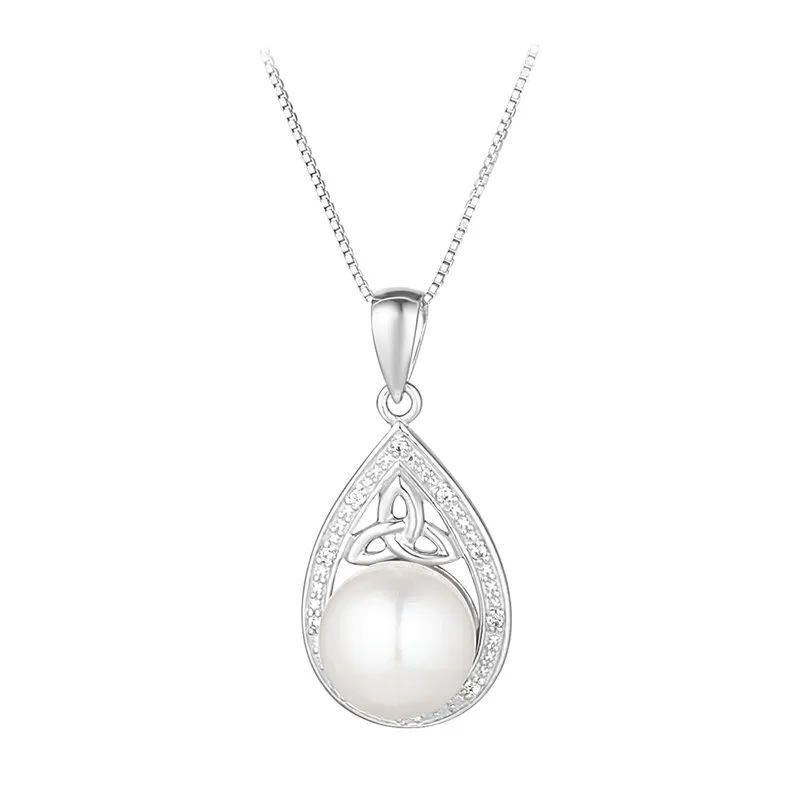 Silver Trinity Knot Pearl Necklace With Crystals...