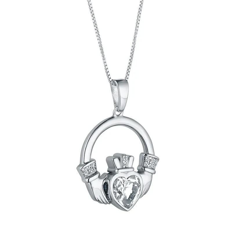 Sterling Silver Cz Claddagh Necklace
