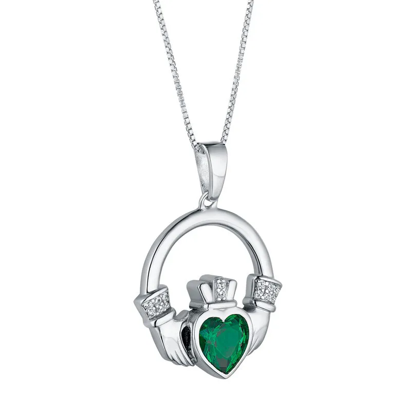 Sterling Silver Large Green Cz Heart Claddagh Necklace...