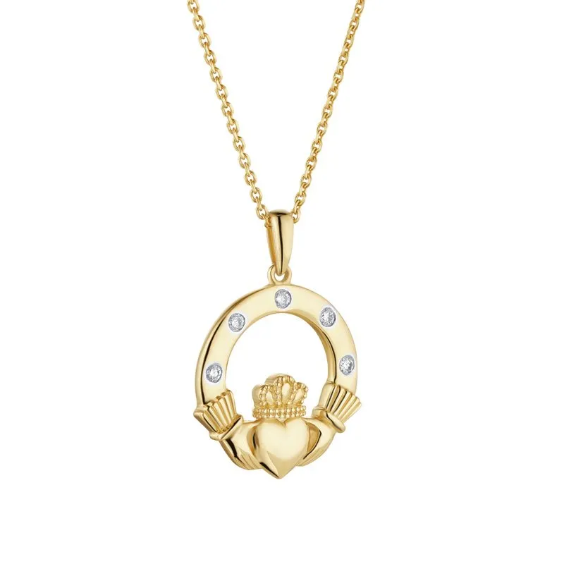 Timeless Gold Claddagh Necklace With Flush Set Diamonds...