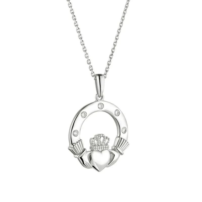 Classic Claddagh Necklace In White Gold with Flush Set Diamonds...