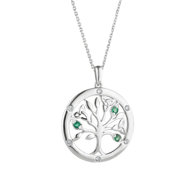 White Gold Flush Set Diamond And Emerald Tree Of Life Necklace S46975...