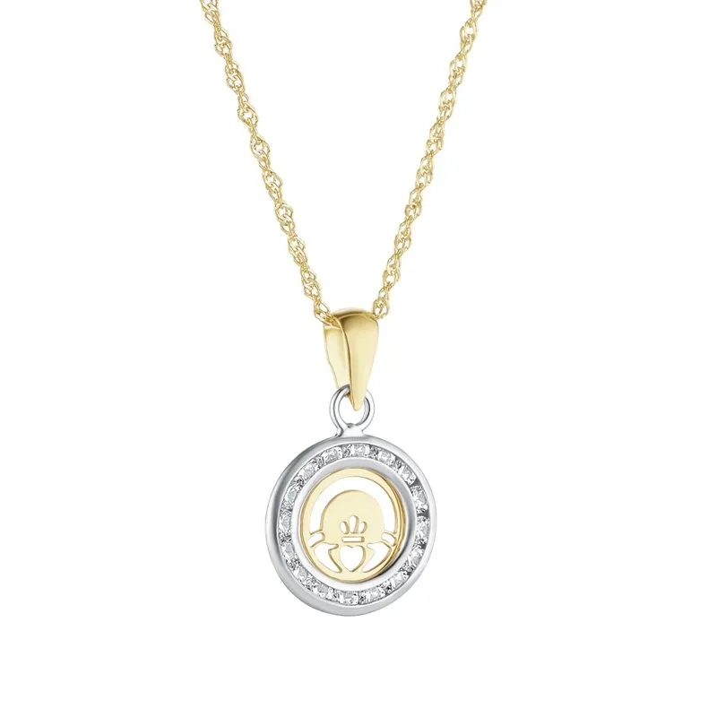 Two Tone Gold Round Claddagh Necklace Set With Cubic Zirconia Stones...