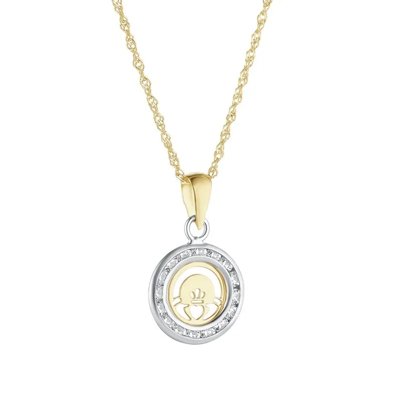 Two Tone Gold Round Claddagh Necklace Set With Cubic Zirconia Stones
