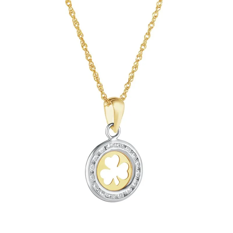 Two Tone Gold Round Shamrock Necklace Set With Cubic Zirconia Stones...