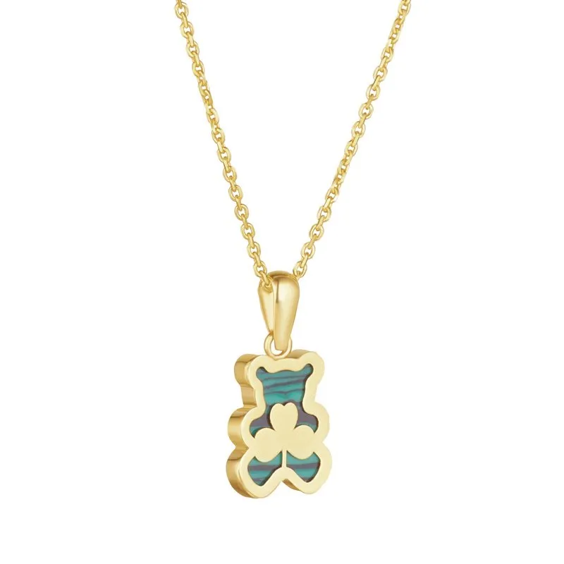 10k Gold Bear and Shamrock Pendant Inlaid with Green Malachite...