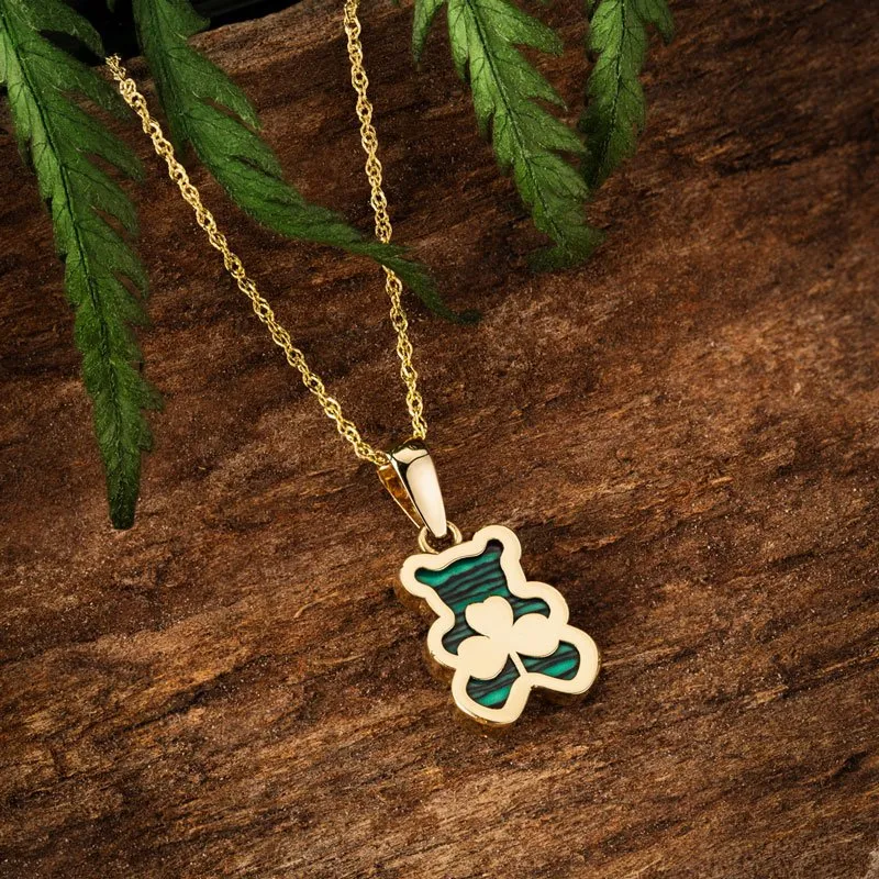 10k Gold Malachite Shamrock Bear Pendant1