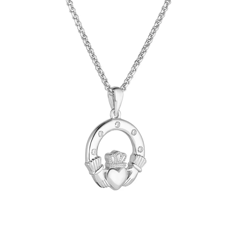 Sterling Silver Claddagh Pendant With Cubic Zirconia...