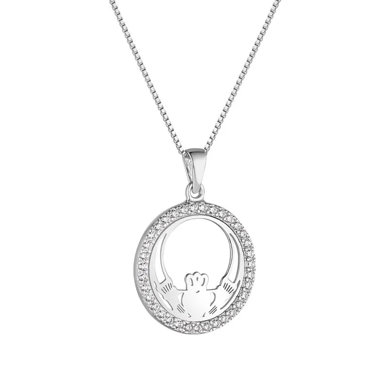 Sterling Silver Cz Round Claddagh Necklace0...