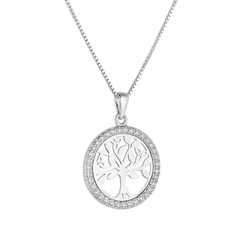 Sterling Silver Cz Round Tree Of Life Necklace0...