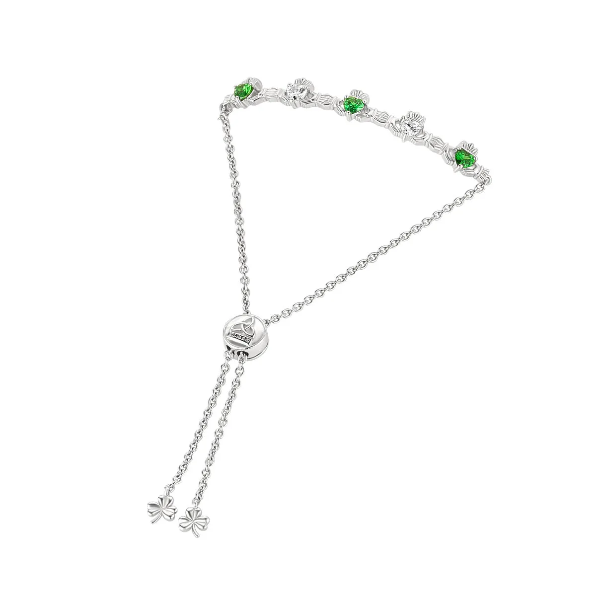 Sterling Silver Claddagh Slider Bracelet With Green And White Crystals...