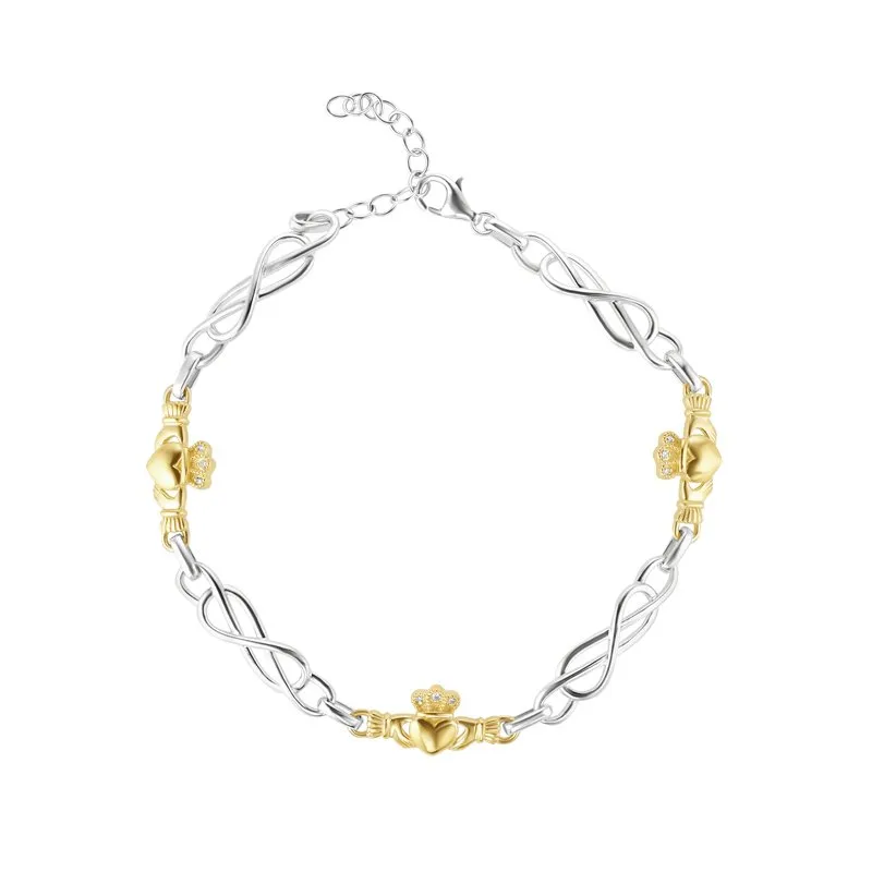 10k Gold And Sterling Silver Claddagh Link Bracelet with Diamonds...