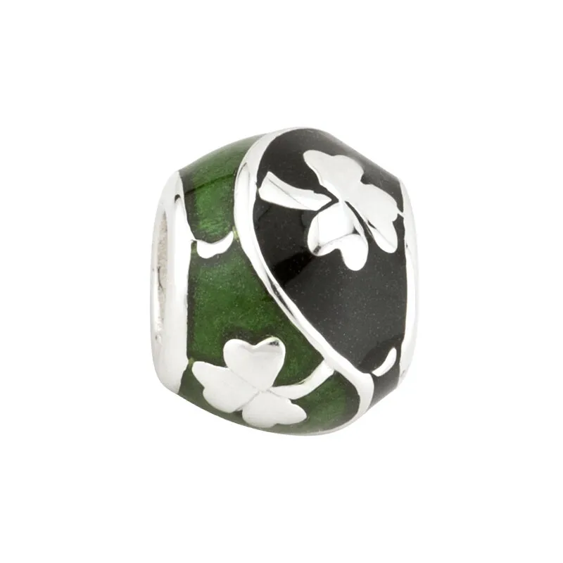 Silver Shamrock Bead Inlaid with Green & Black Enamel...