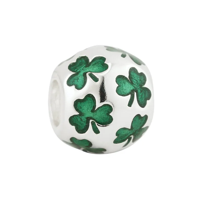 Green Enamel Irish Shamrock Bead in Sterling Silver...