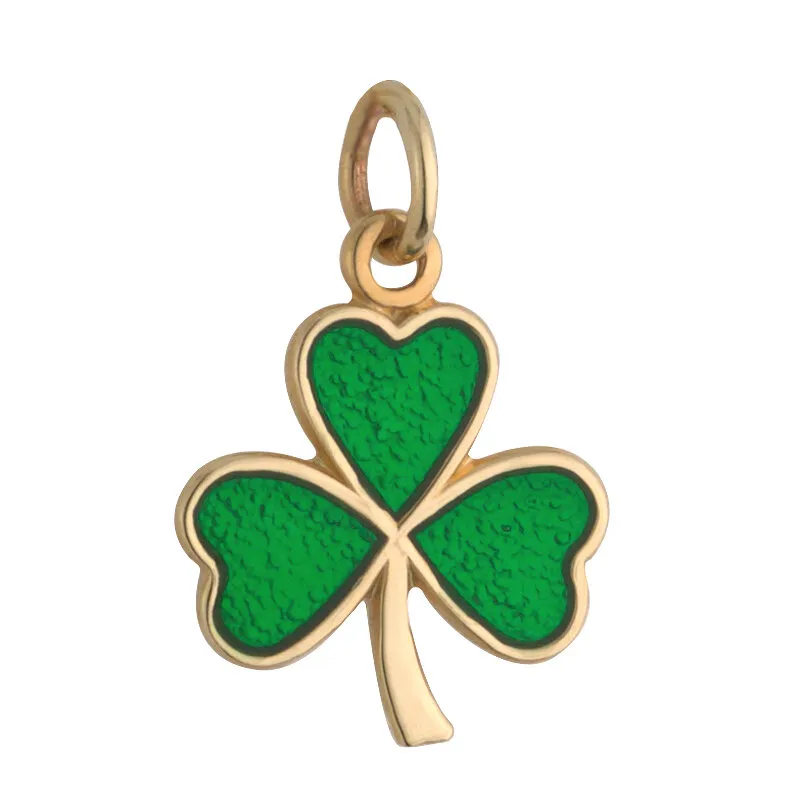 9k Gold Shamrock Small Charm With Green Enamel Inlay...