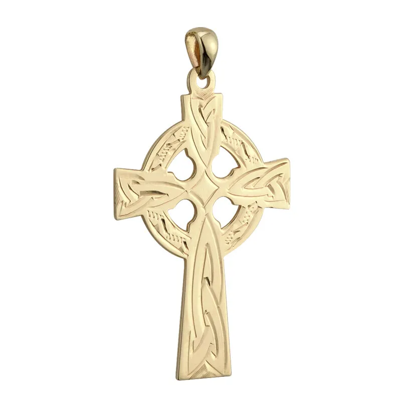 14k Gold Engraved Heavy Celtic Cross Charm0