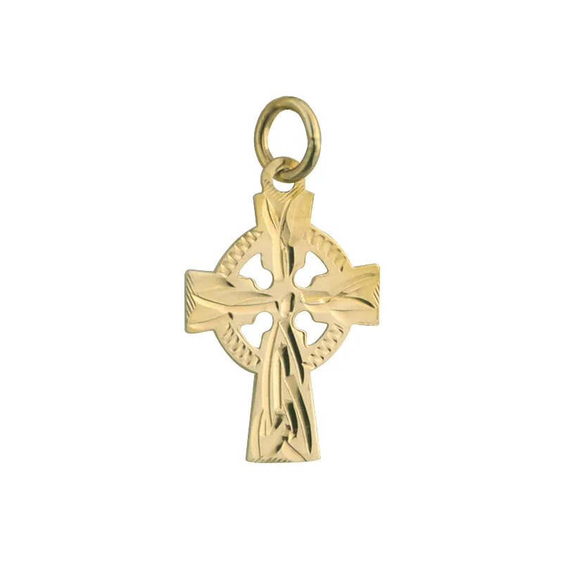 14k Gold Engraved Celtic Cross Charm Small0