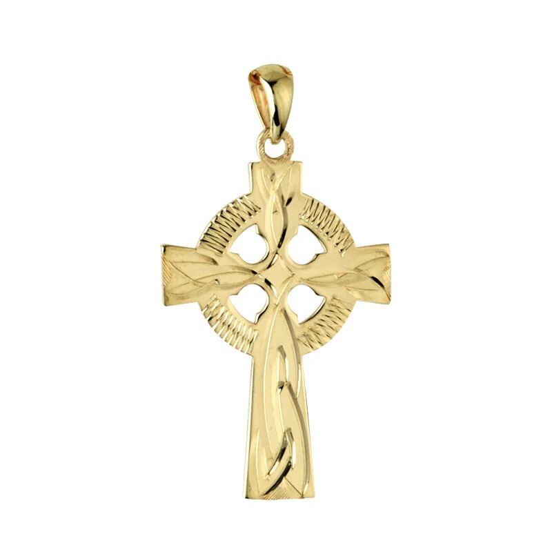 14k Gold Engraved Celtic Cross Charm Medium0...