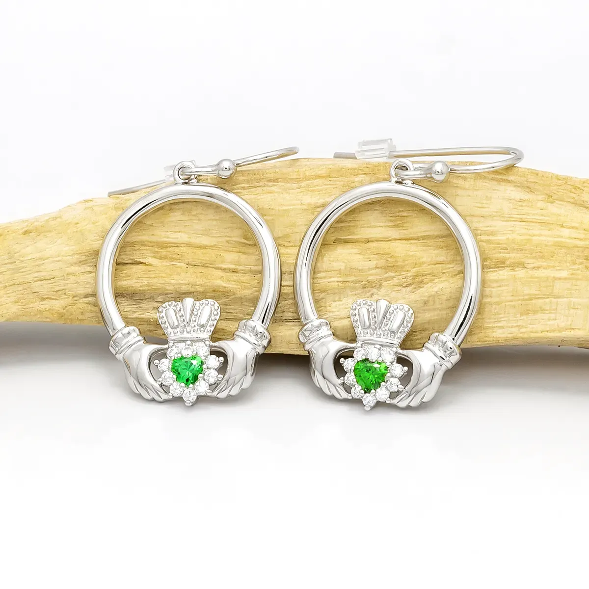 Claddagh Earring Sterling Silver Green Stone...
