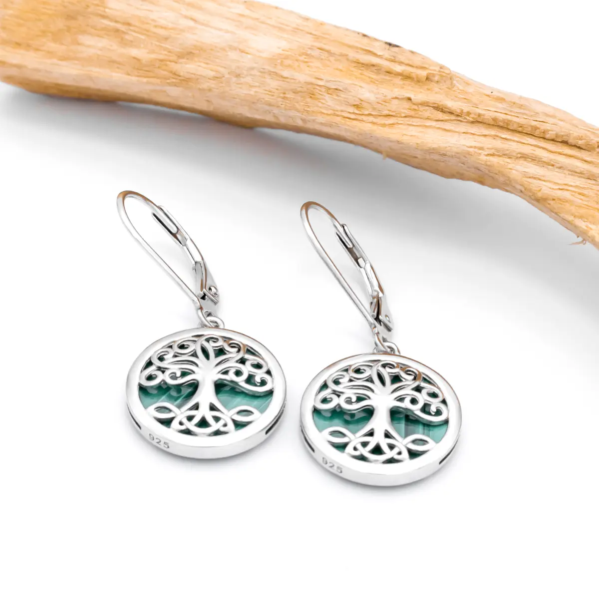 Silver Malachite Tree Of Life Drop Earrings 2...