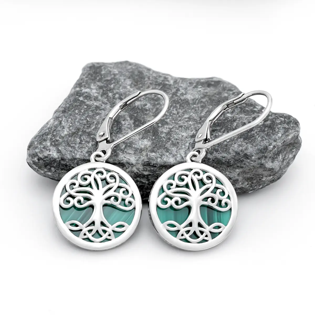 Silver Tree of Life Drop Earrings with Green Malachite Stone...