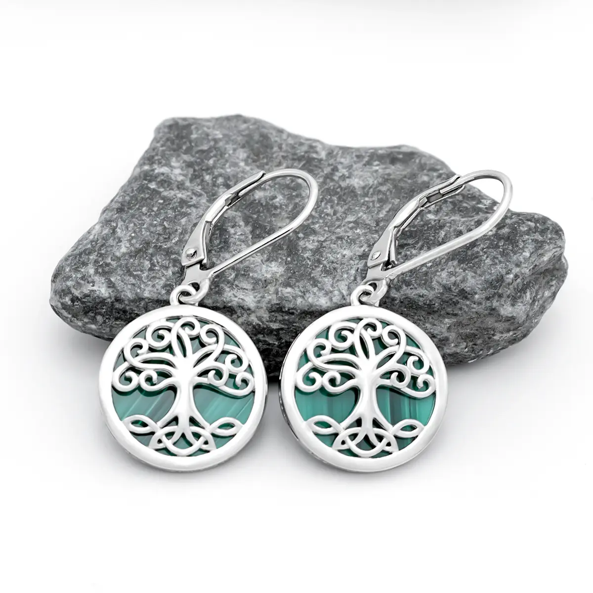 Silver Tree of Life Drop Earrings with Green Malachite Stone