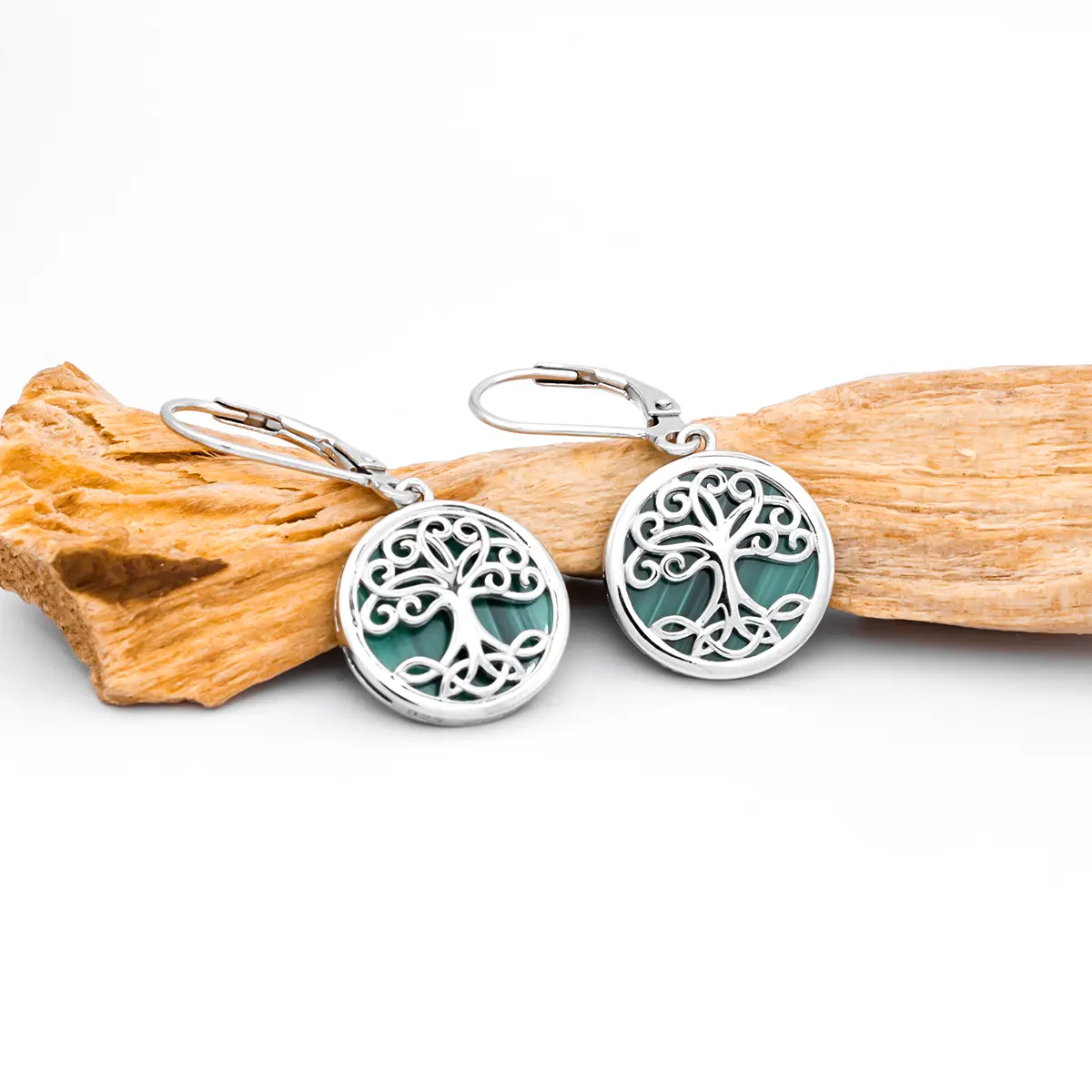 Silver Tree of Life Drop Earrings with Green Malachite Stone Photo 4 