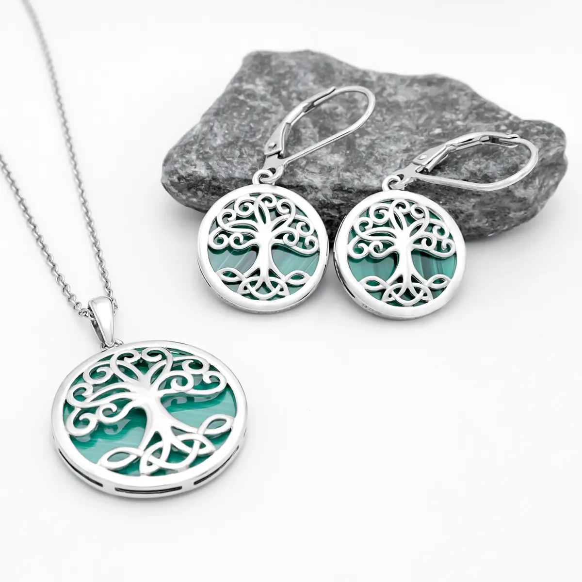 Silver Malachite Tree Of Life Drop Earrings 5...