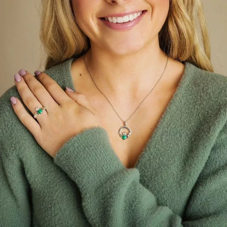 2 Sterling Silver Claddagh Malachite Pendant On Model Sp2288
