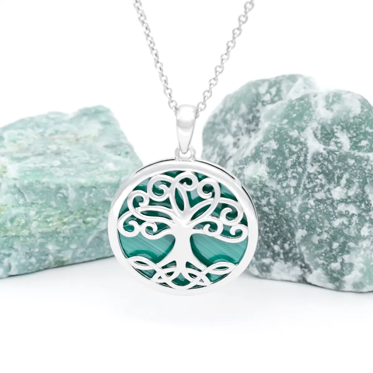 Silver Tree of Life Pendant with Green Malachite Stone...