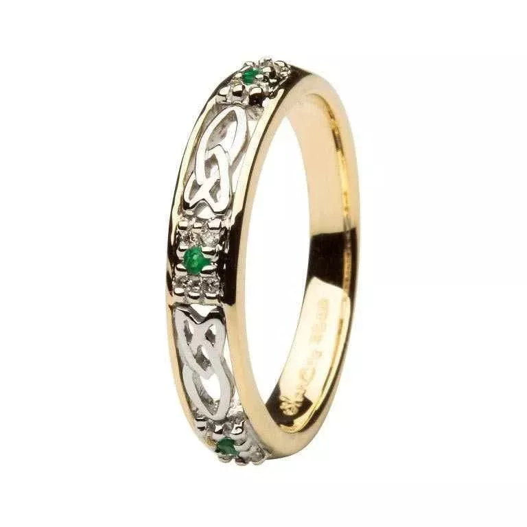 14k Gold Celtic Knot Ring Set with Emeralds and Diamonds