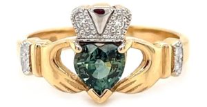 Gold Claddagh Ring With Heartshaped Teal Sapphire And Diamonds
