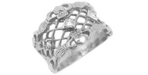 White Gold 3 Stone Diamond Claddagh Wide Ring