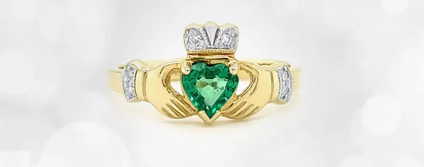 Gold Claddagh Ring With Heartshaped Emerald And Diamonds