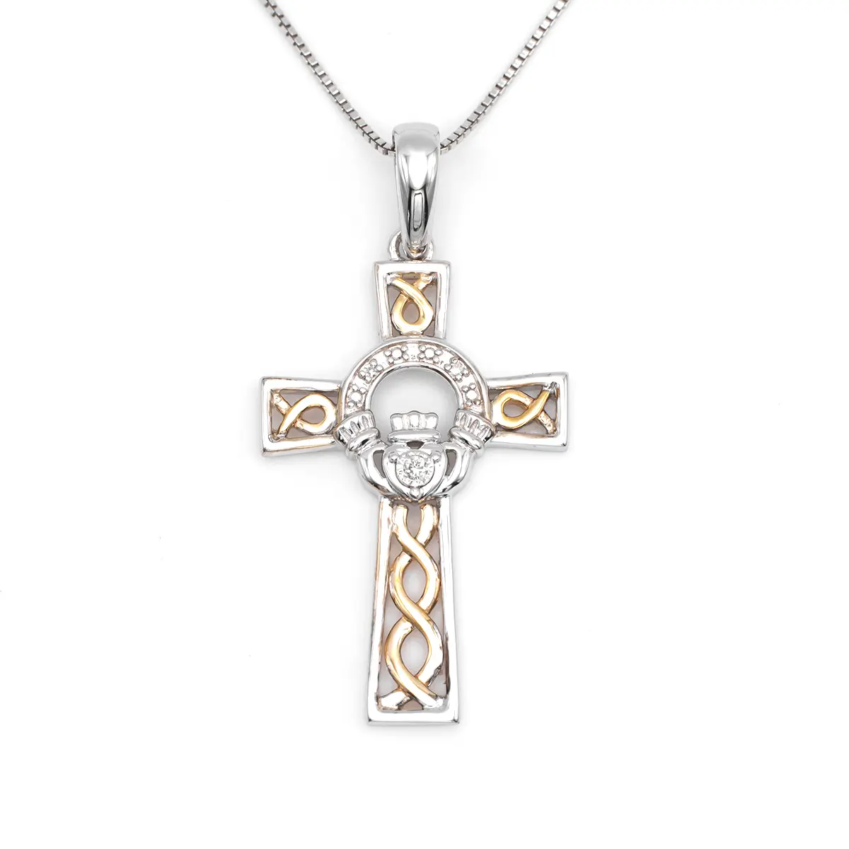 10k Gold And Silver Celtic Cross Claddagh Pendant With Diamond 2...