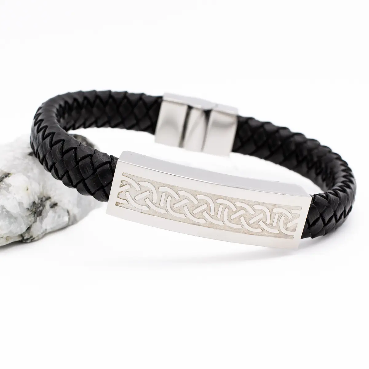Mens Steel Celtic Black Leather Bracelet Photo 3 