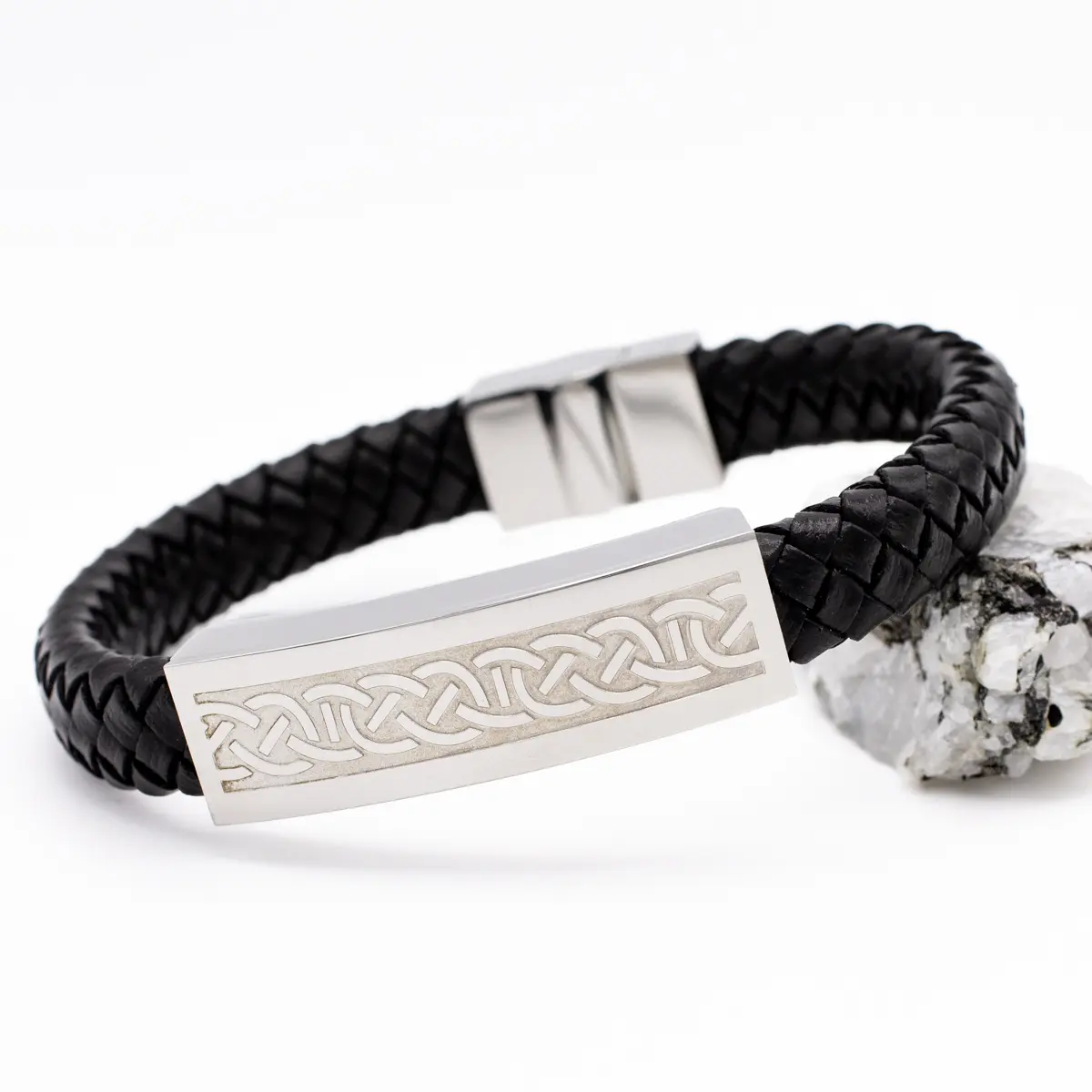 Mens Steel Celtic Black Leather Bracelet Photo 4 