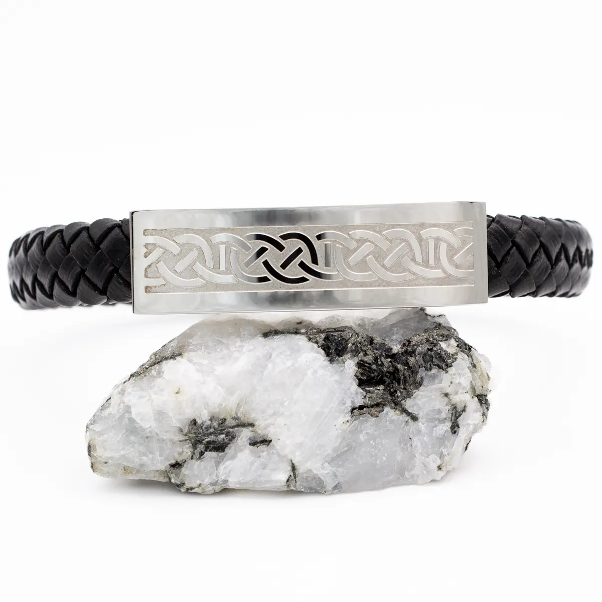 Mens Steel Celtic Black Leather Bracelet Photo 5 