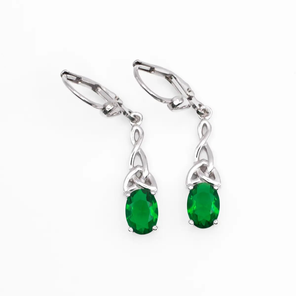 Silver Celtic Trinity Knot Drop Earrings With Green Crystal Photo 2 