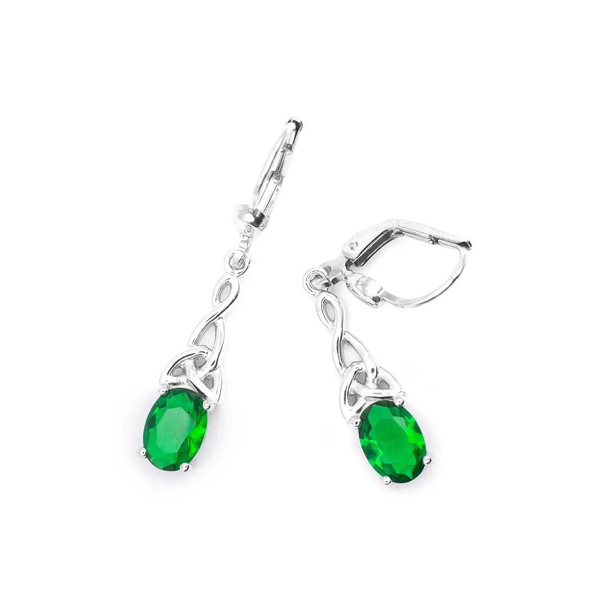Silver Celtic Trinity Knot Drop Earrings With Green Crystal Photo 4 