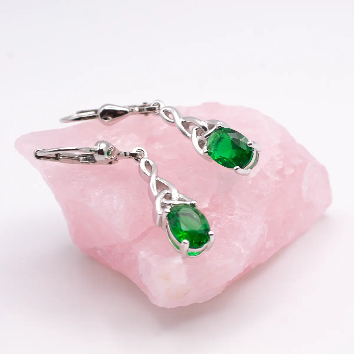 Silver Celtic Trinity Knot Drop Earrings With Green Crystal Photo 3 