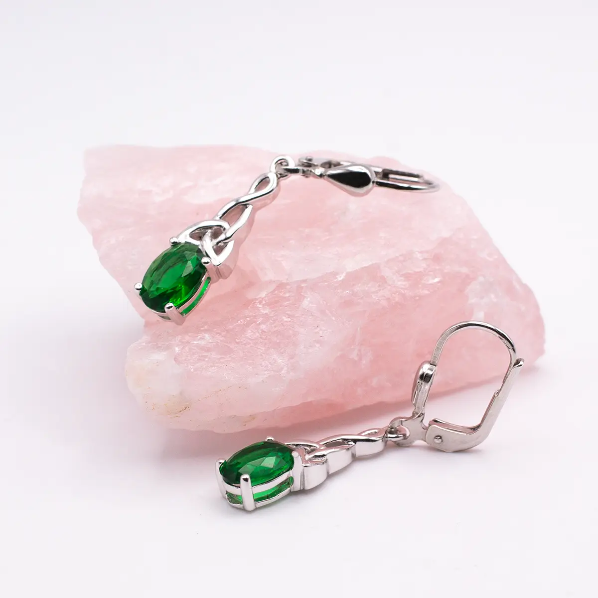 Silver Celtic Trinity Knot Drop Earrings With Green Crystal Photo 5 