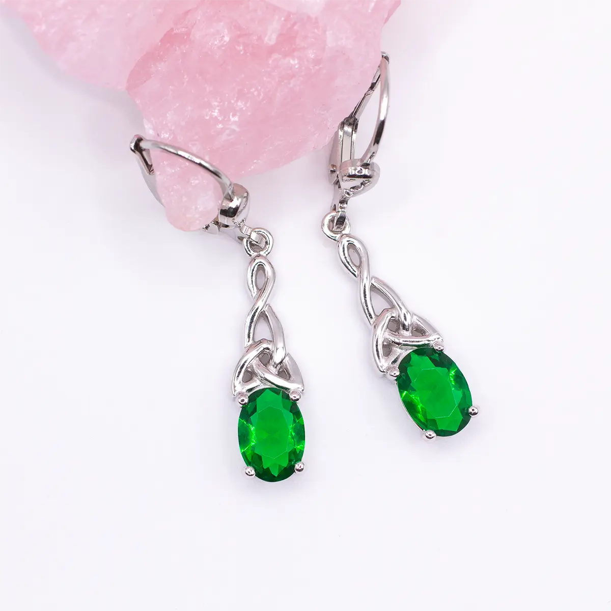 Silver Celtic Trinity Knot Drop Earrings With Green Crystal Photo 6 