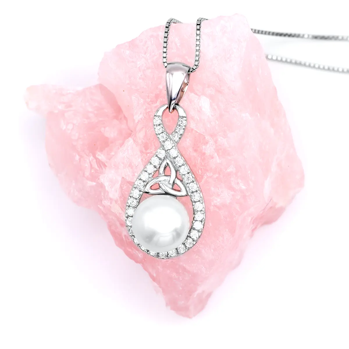 Sterling Silver Trinity Knot Pendant With Pearl And Crystals 10...