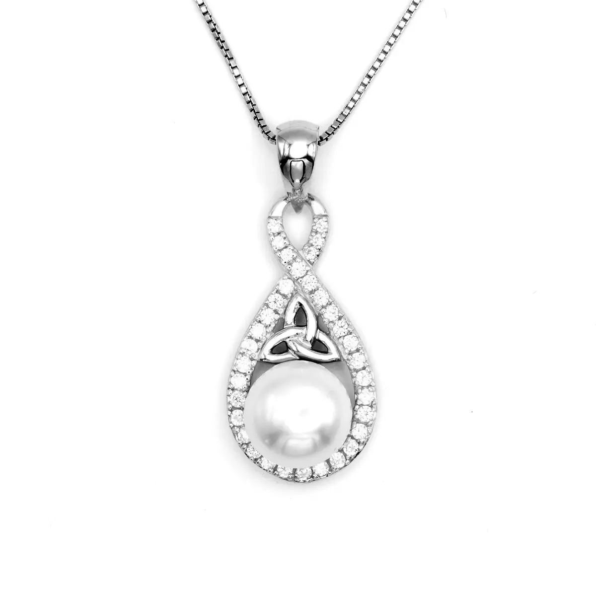 Sterling Silver Trinity Knot Pendant With Pearl And Crystals 8...