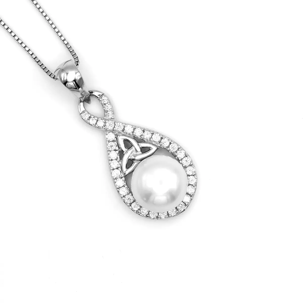 Sterling Silver Trinity Knot Pendant With Pearl And Crystals 9...